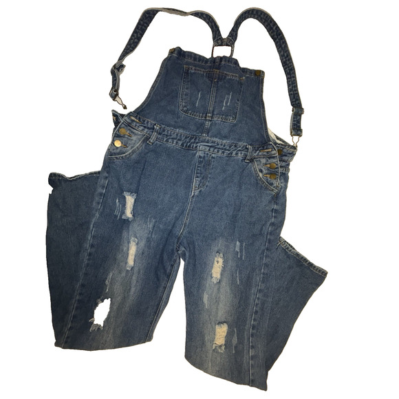 Womens Denim Bib Overalls XL Jeans Brand Distressed Comfortable - Picture 1 of 10